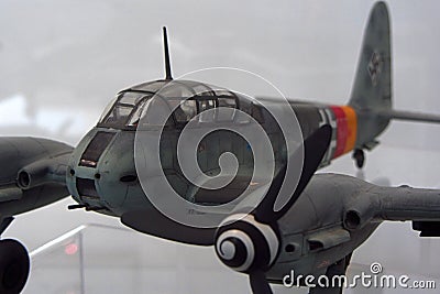 Front side of Nazi Germany heavy twin propeller heavy fighter Messerschmitt Me-410 Hornisse Hornet displayed in 1:48 scale Editorial Stock Photo