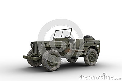 Front side view 3D illustration of a vintage green military jeep isolated on white Cartoon Illustration
