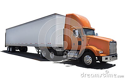 Front and side view of orange semi cab with white trailer Stock Photo