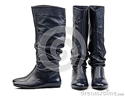 Front and side view of pair of black female boots Stock Photo