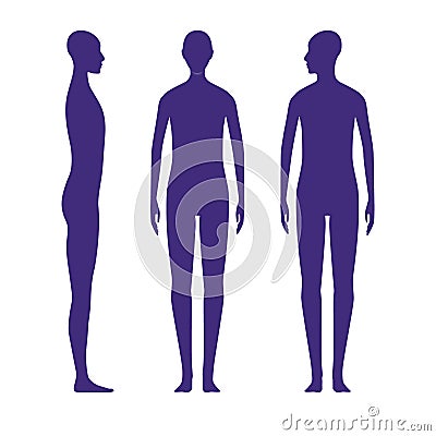Front and side views human body silhouette of a neutral gender adult. Shadow of a standing x-gender person with a head Vector Illustration
