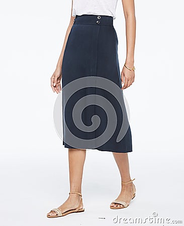 Front Slit Double Pocket Denim Skirt, High Waisted Button Front Maxi Skirt Stock Photo