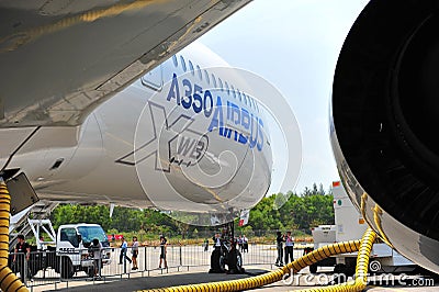 Front starboard side of Airbus A350-900 XWB MSN 003 plane at Singapore Airshow Editorial Stock Photo