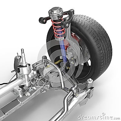 Front suspension with wheel of drive car. New tire. On white. 3D illustration Cartoon Illustration