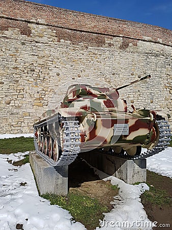 Front tank watch park see armour exhibition park belgrade serbia fortress castle snow winter war stones grass metall sky Editorial Stock Photo