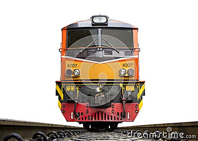 Front of Train led by Yellow Diesel Electric locomotives on the tracks Stock Photo