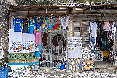 Front view of African shop clothes and souvenirs for tourists in Stone Town on the island of Zanzibar, Tanzania, east Africa, Editorial Stock Photo