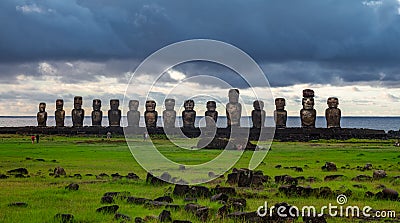 Ahu Tongariki moai platform under cloudy sky Stock Photo