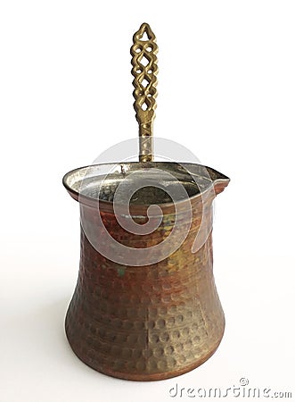 Front view of antique and original danish copper cup for any liquid warmer isolated on white background. Vintage copper jug ideal Stock Photo