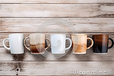 Front view assorted coffee cups on a wooden table background with copy space Stock Photo