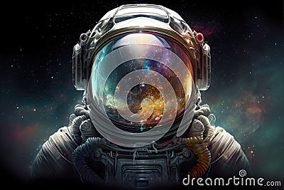 Front view astronaut potrait. Astronaut in space suit with galaxy and nebula reflection in helmet glass. Deep space exploration. Stock Photo