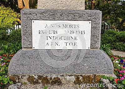 Front view of the base of the monument to the Dead of Juan-Les-Pins in the park La Pineda Editorial Stock Photo