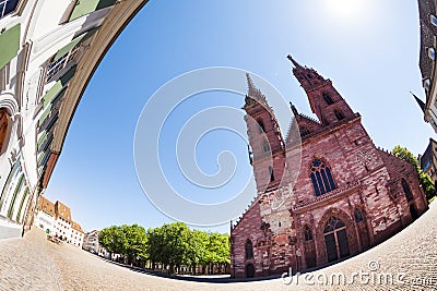 Front view of Basel Munster against blue sky Stock Photo