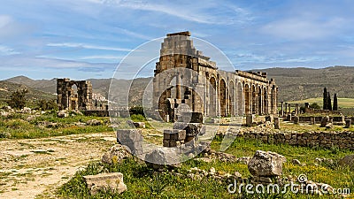 Front view of the Basilica and The Forum in the Archaeological Site of Volubilis, Morocco. Stock Photo