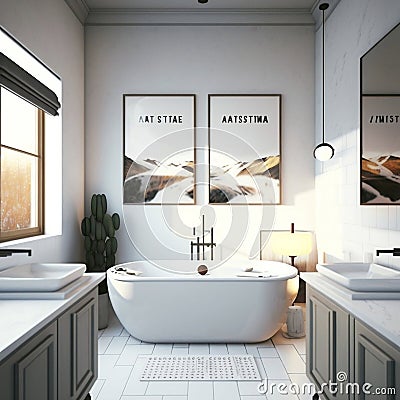 A front view of a bathroom with light-colored tiles, a double sink, two mirrors, a large white bathtub, and a poster hanging Stock Photo