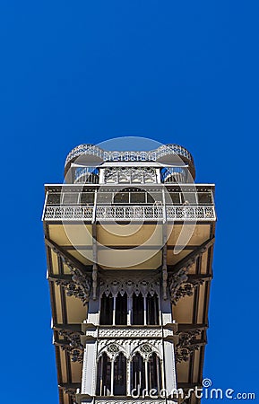 Front view from below of the platform of the Elevador de Santa Justa or do Carmo, a modernist-style metal structure elevator in Stock Photo