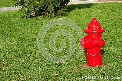 Red fire hydrant, on grass location Stock Photo