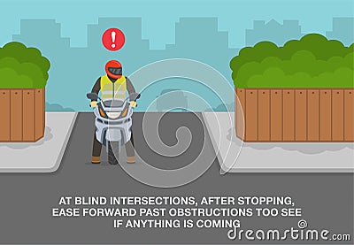 Front view of a biker standing at blind intersection. Move forward past obstructions to see if anything is coming. Vector Illustration