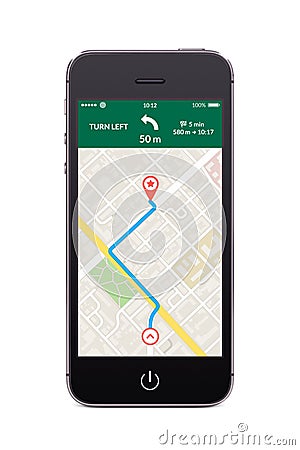 Front view of black smart phone with map gps navigation app on t Stock Photo