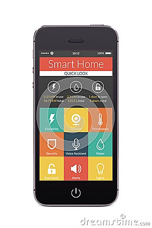 Front view of black smart phone with smart home application on t Stock Photo