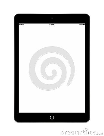 Front view of black tablet computer with blank screen mockup Stock Photo