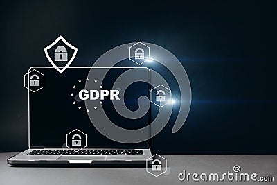 Front view of blank screen laptop, sign general data protection regulation GDPR and shield with key icon on grey background Stock Photo