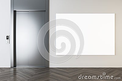 Front view on blank white big poster with place for your logo or text on light beige wall in modern office hall with metallic lift Stock Photo