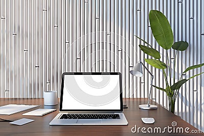 Front view on blank white modern laptop screen with empty space on brown wooden table with notebooks and coffee cup on light Editorial Stock Photo