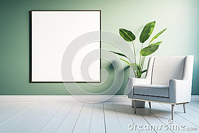 Front view on blank poster with space for your logo or text on green wall background in sunlit room with light armchair and Stock Photo
