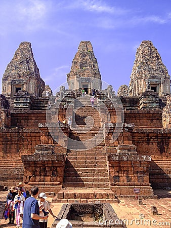 Front view from the bottom of the final squared pyramid which rises in three steep tiers to the central sanctuary at the summit of Editorial Stock Photo