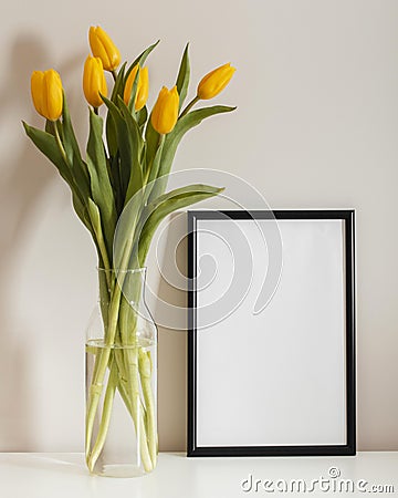 front view bouquet tulips vase with empty frame. High quality photo Stock Photo