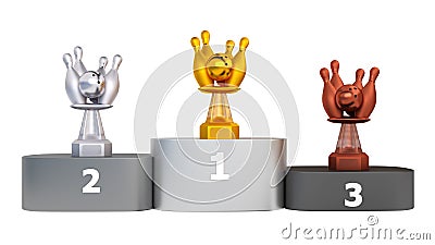 Front View of Bowling Trophies on Podium Stock Photo