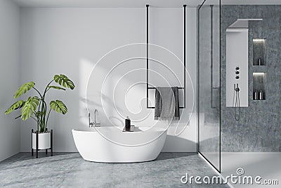 Front view on bright bathroom interior with bathtub, shower Stock Photo