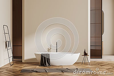 Front view on bright bathroom interior with empty white wall Stock Photo