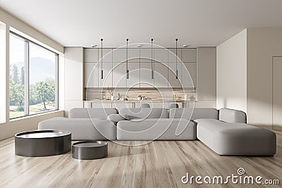 Front view on bright studio room interior with panoramic window Stock Photo