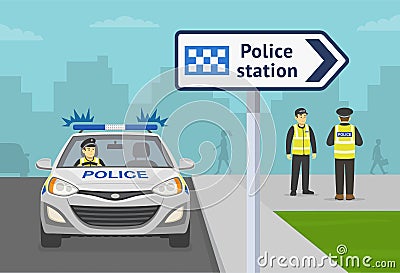 Front view of a british traffic police officer sitting in a car near police station. Close-up view of a police station pointer sig Vector Illustration