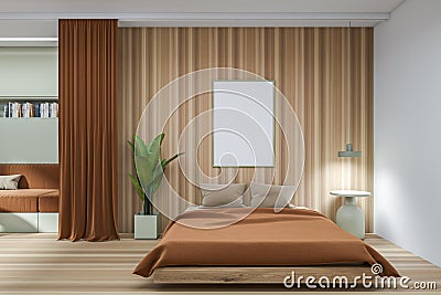 Front view on brown bedroom interior with empty white poster Stock Photo