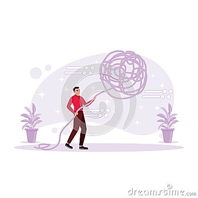 Front view of a businessman trying to pull the ball of tangled threads to find solutions and solve problems. Vector Illustration