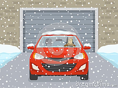 Front view of a car with leaving the garage. Young man driving a red mini car in winter conditions. Vector Illustration