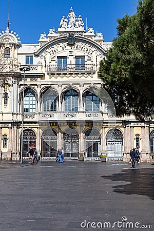 Front view of the central building of the Port of Barcelona Editorial Stock Photo
