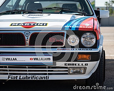 Front view of a classic Martini Lancia Delta HF group B rally car Editorial Stock Photo