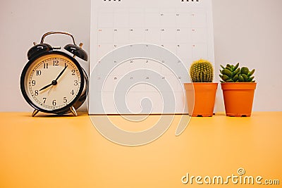 front view. clock, calendar and plant placed on yellow table background with copy space. image for Stock Photo