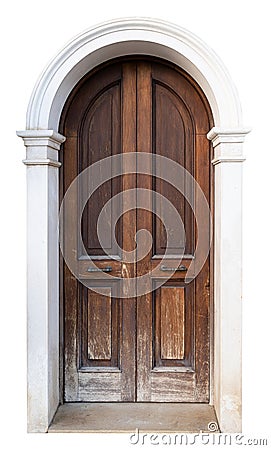 tall vintage brown wooden door with classic marble stone pattern archway isolated on white Stock Photo