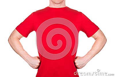 Front view of confident male in blank red t-shirt with hands on hips isolated Stock Photo