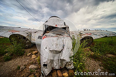 Front view of crashed airplane small in fields with overcast sky Stock Photo