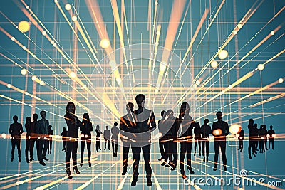 Front view on business people silhouettes permeated by yellow digital bright glowing projection beams on abstract background Stock Photo