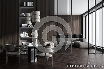 Front view on dark dining and living room interior with dining table Stock Photo