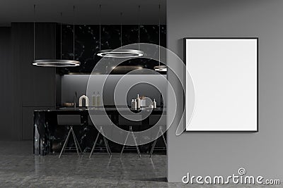 Front view on dark kitchen room interior with empty poster Stock Photo