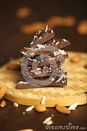 Front view. Dark Milk chocolate with almonds Stock Photo