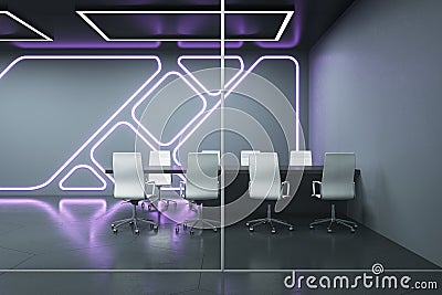 Front view of dark futuristic conference room with glass wall and neon backlit. 3D Rendering Stock Photo